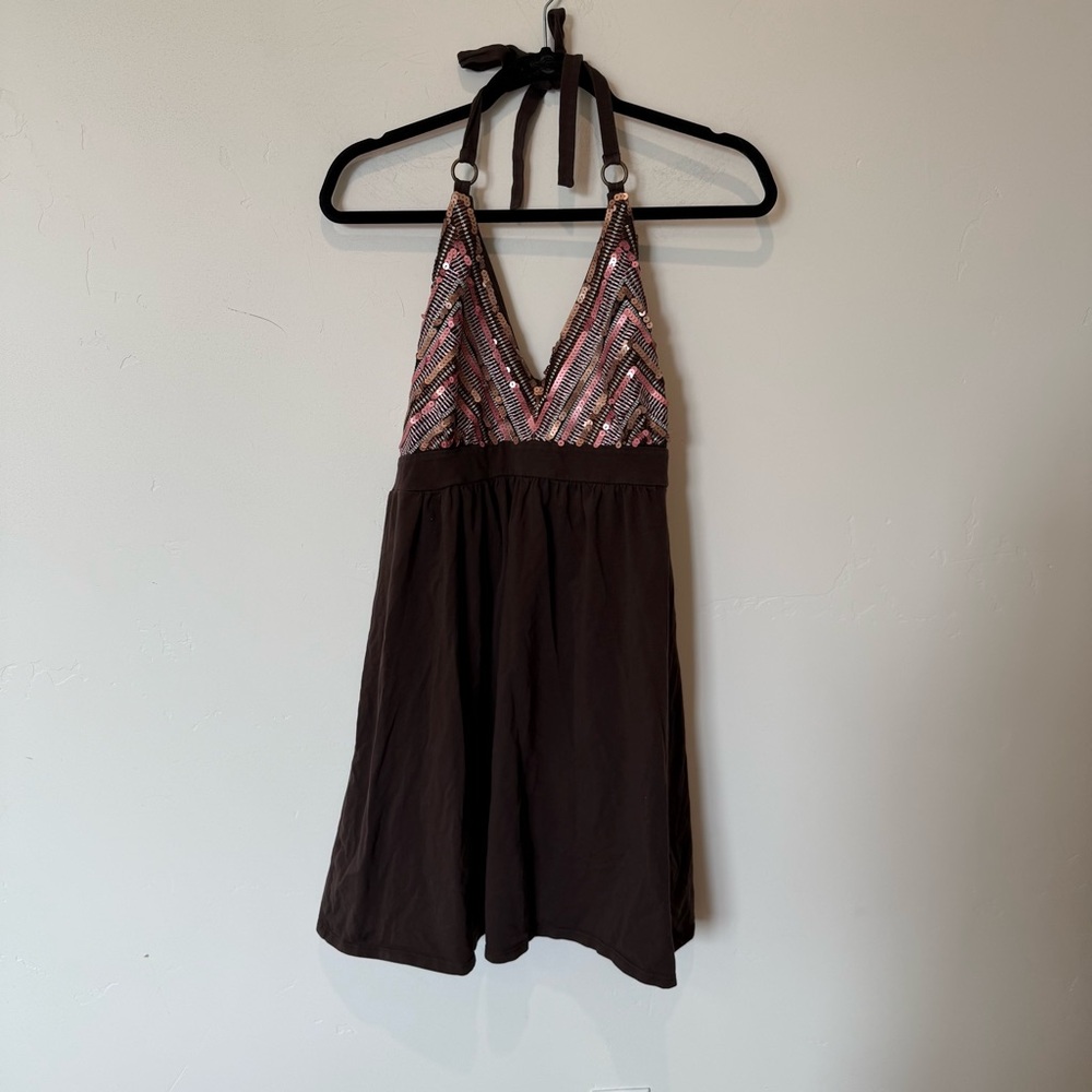 Victorias Secret Y2K 2000s Brown Sequin Halter Dress Size XL Built in Bra Girly